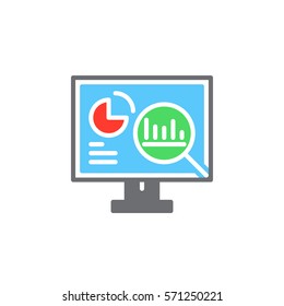 Analytics, Desktop pc with graphs icon vector, filled flat sign, solid colorful pictogram isolated on white. Symbol, logo illustration