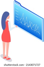 Analytics and development statistics. Web analysis measure, product testing technology. Woman analyses digital report. Statistical indicators and data on diagram. Graphic information visualization