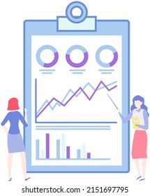 Analytics and development statistics. Web analysis measure, product testing technology. Woman analyses digital report. Statistical indicators and data on diagram. Graphic information visualization