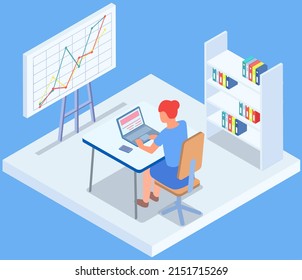 Analytics and development statistics. Web analysis measure, product testing technology. Woman analyses digital report. Statistical indicators and data on diagram. Graphic information visualization