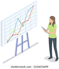 Analytics and development statistics. Web analysis measure, product testing technology. Woman analyses digital report. Statistical indicators and data on diagram. Graphic information visualization