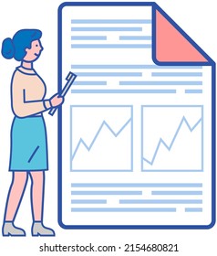 Analytics and development statistics. Web analysis measure, product testing technology. Woman analyses digital report. Statistical indicators and data on diagram. Graphic information visualization