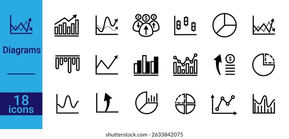 Analytics and Diagram Icon Set. Outline icons for charts, graphs, and data visualization. Ideal for business dashboards, presentations, and financial reports.	
