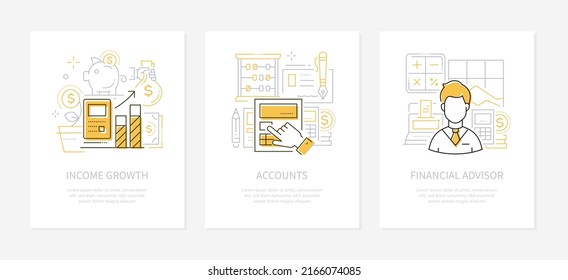 Analytics and finance - line Design Style Banner Set. Einkommenswachstum, Rechnungslegung, Ideen von Finanzberatern. Diagramme, Münzbank, Taschenrechner, Business-Man-Linien-Symbole. Geschäftserfolg, Anlagekonzept