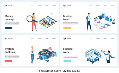 Analytics of financial trends, modern monetary systems set vector illustration. Cartoon tiny people research money flows with telescope and magnifying glass, analysts analyze financial charts