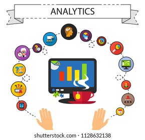Analytics flat icons concept. Vector illustration. Element template for design.