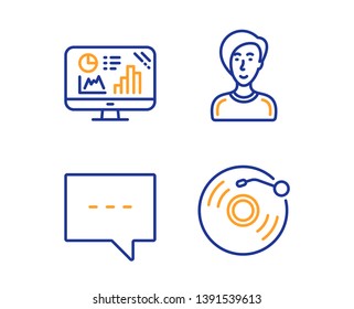 Analytics graph, Blog and Businesswoman person icons simple set. Vinyl record sign. Growth report, Chat message, Female user. Retro music. Linear analytics graph icon. Colorful design set. Vector