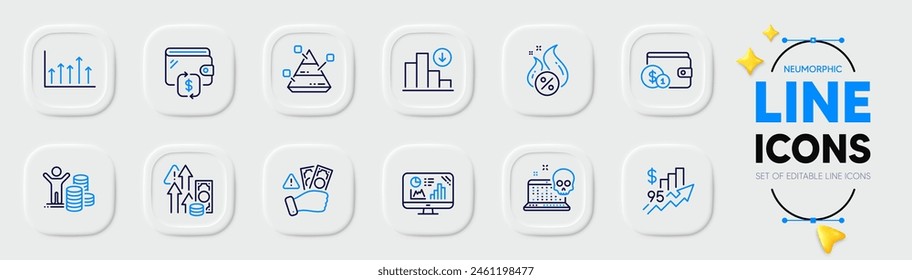 Iconos de línea de ganancias de la gráfica de análisis, gráfica de disminución y línea de ganancias de presupuesto para el App de Web. Pack de Fraude, Precio de la subida, Comprar iconos de pictogramas accesorios. Ataque cibernético, gráfico de crecimiento, carteles en la cartera. Vector