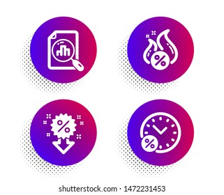 Analytics graph, Discount and Hot loan icons simple set. Halftone dots button. Loan percent sign. Chart report, Sale shopping, Discount offer. Finance set. Classic flat analytics graph icon. Vector