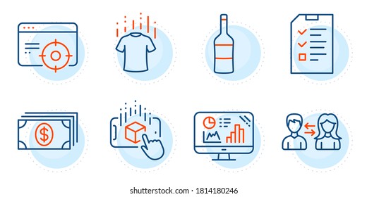 Analytics graph, Dry t-shirt and Banking signs. People communication, Augmented reality and Seo targeting line icons set. Interview, Wine symbols. People talking, Phone simulation. Vector