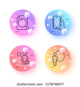 Analytics graph, Employee and Waiting minimal line icons. 3d spheres or balls buttons. Electric app icons. For web, application, printing. Chart report, Working process, Service time. Vector