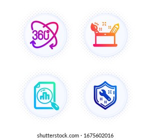 Analytics graph, Full rotation and Creativity concept icons simple set. Button with halftone dots. Spanner sign. Chart report, 360 degree, Graphic art. Repair service. Technology set. Vector