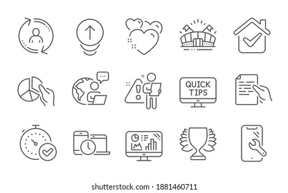 Analytics graph, Heart and Smartphone repair line icons set. Web tutorials, Swipe up and Hold document signs. Fast verification , Sports arena and Winner symbols. Line icons set. Vector