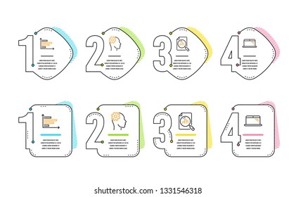 Analytics graph, Horizontal chart and Engineering icons simple set. Laptop sign. Chart report, Presentation graph, Cogwheel head. Computer. Science set. Infographic timeline. Line analytics graph icon