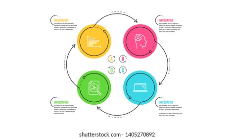Analytics graph, Horizontal chart and Engineering icons simple set. Infographic timeline. Laptop sign. Chart report, Presentation graph, Cogwheel head. Computer. Science set. Cycle infographic. Vector