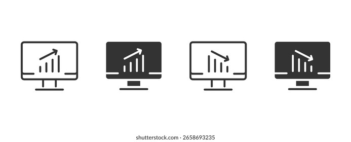 Analytics graph icon. Computer screen with business chart showing growth and decline vector illustration. Financial report and data visualization symbol. Performance trend and marketing analysis sign.