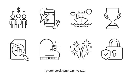 Analytics graph, Piano and Award cup line icons set. Meeting, Honeymoon cruise and Security lock signs. Fireworks, Flight destination symbols. Chart report, Fortepiano, Trophy. Business set. Vector