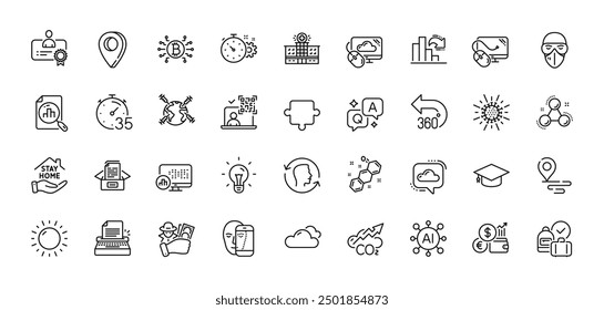 Analytics graph, Qr code and Face id line icons pack. AI, Question and Answer, Map pin icons. Face biometrics, Cloud communication, Bitcoin system web icon. Vector
