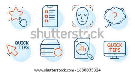 Analytics graph, Ranking star and Face detection signs. Recovery server, Quick tips and Question mark line icons set. Checklist, Web tutorials symbols. Backup data, Helpful tricks. Vector