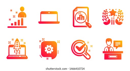 Analytics graph, Ranking and Start business line icons set. Cogwheel, Laptop and Chemistry lab signs. Stats, Exhibitors symbols. Chart report, Laurel wreath. Education set. Vector