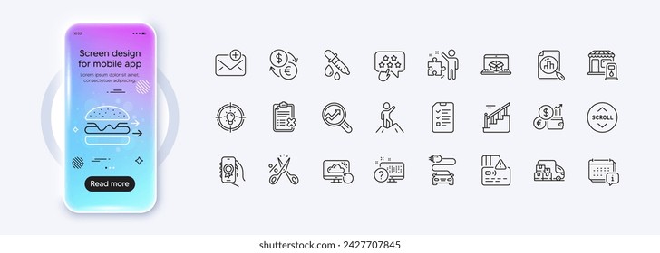 Analytics graph, Reject checklist and Stairs line icons for web app. Phone mockup gradient screen. Pack of Scroll down, Leadership, Recovery cloud pictogram icons. Vector