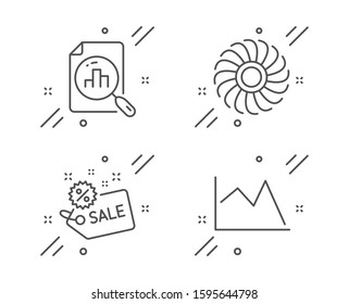 Analytics graph, Sale and Fan engine line icons set. Line chart sign. Chart report, Shopping tag, Ventilator. Financial graph. Finance set. Line analytics graph outline icon. Vector