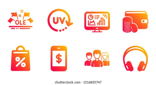 Analytics graph, Shopping bag and Teamwork line icons set. Uv protection, Ole chant and Smartphone payment signs. Payment method, Headphones symbols. Growth report, Supermarket discounts. Vector