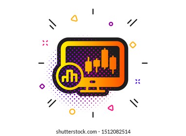 Analytics graph sign. Halftone circles pattern. Candlestick chart icon. Market analytics symbol. Classic flat candlestick chart icon. Vector