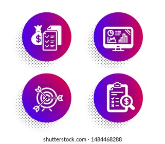 Analytics graph, Target and Accounting wealth icons simple set. Halftone dots button. Accounting report sign. Growth report, Targeting, Check finance. Finance set. Vector