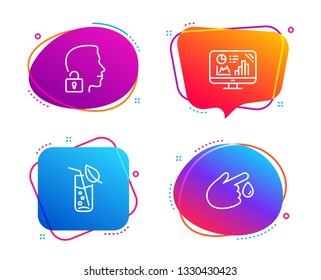 Analytics graph, Water glass and Unlock system icons simple set. Blood donation sign. Growth report, Soda drink, Access granted. Injury. Business set. Speech bubble analytics graph icon. Vector