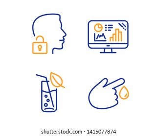 Analytics graph, Water glass and Unlock system icons simple set. Blood donation sign. Growth report, Soda drink, Access granted. Injury. Business set. Linear analytics graph icon. Colorful design set