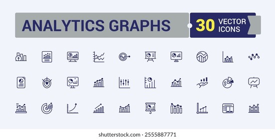 Analytics Graphs icon set. Containing finance, presentation, charts, arrow, marketing, economy and more. Minimal linear icons. Solid line editable stroke. Vector line and solid icons.