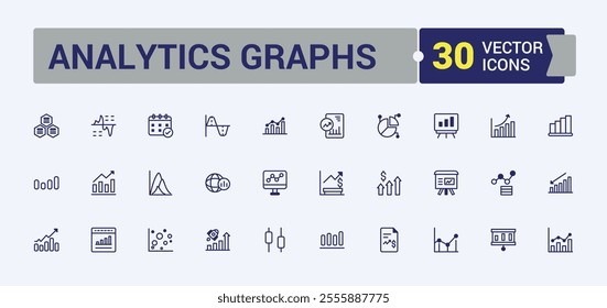 Analytics Graphs icon set. Containing finance, presentation, charts, arrow, marketing, economy and more. Minimal linear icons. Solid line editable stroke. Vector line and solid icons.