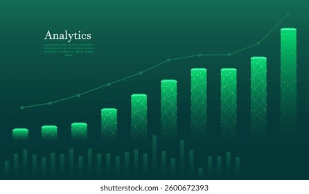 Analytics growth chart. Green bar graph with polygonal connections and data points on a dark background. Business statistics, financial progress, market trends, data visualization, economic analysis