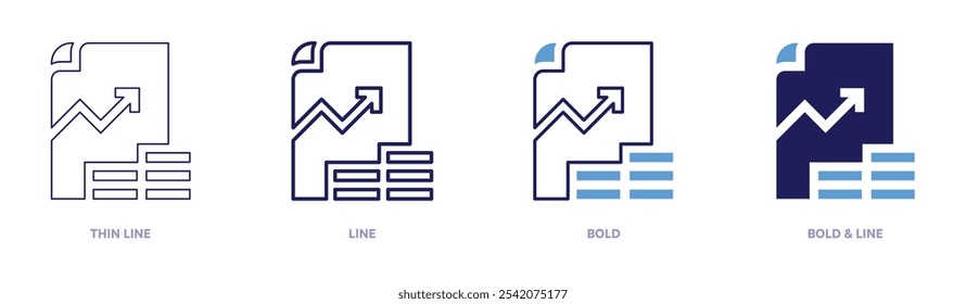 Icono de Analytics en 4 estilos diferentes. Línea delgada, línea, negrita y línea negrita. Estilo duotono. Trazo editable.