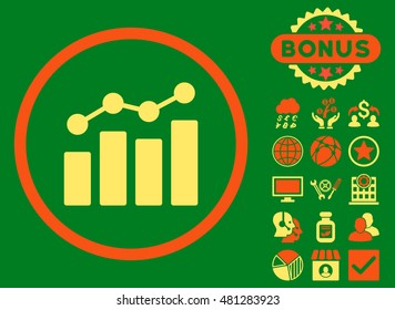 Analytics icon with bonus. Vector illustration style is flat iconic bicolor symbols, orange and yellow colors, green background.