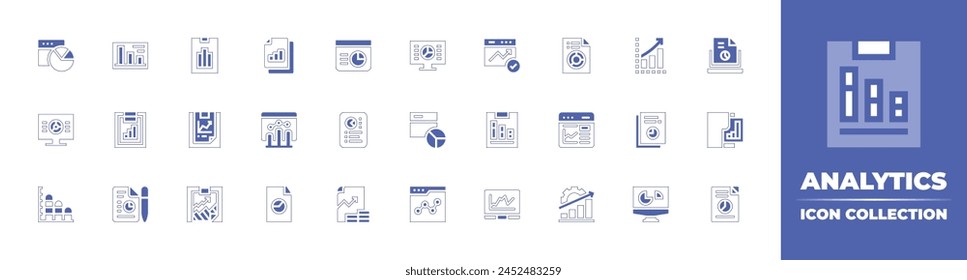 Analytics icon collection. Duotone style line stroke and bold. Vector illustration. Containing pie chart, data analytics, analytics, profits, web analytics, tablet, browser, spreadsheet app, report.