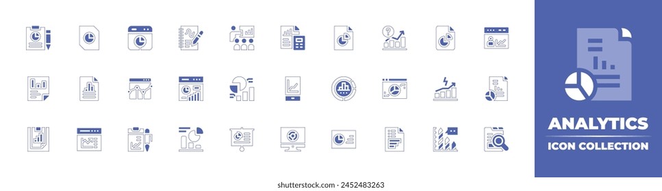 Kollektion des Analysesymbols. Linienstrich im Duotonstil und fett. Vektorillustration. Enthaltende Datenberichte, Prognosen, Statistiken, Energie, Analytik, Web Analytics, Präsentation, Analyse, Web.