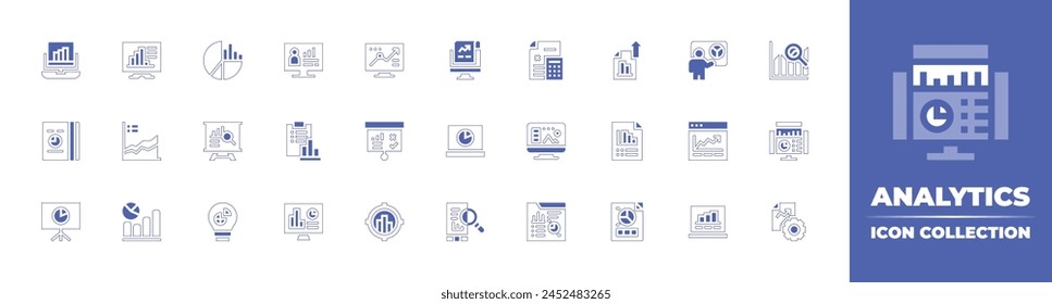 Analytics icon collection. Duotone style line stroke and bold. Vector illustration. Containing pie chart, search, sales, analytics, stats, data analytics, web analytics, presentation, design.