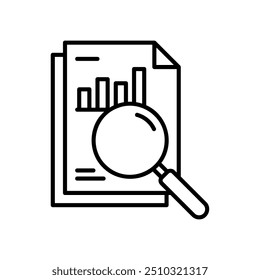 Analytics icon with data file and magnifying glass
