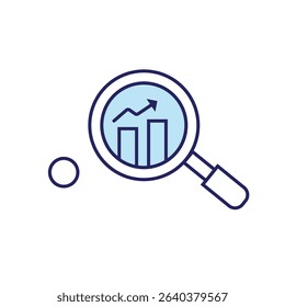 Analytics icon with a magnifying glass over a graph representing data analysis and insights highlighting
