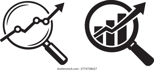 Analytics icon with magnifyingglass and line chart for data search and business insight concept icon
