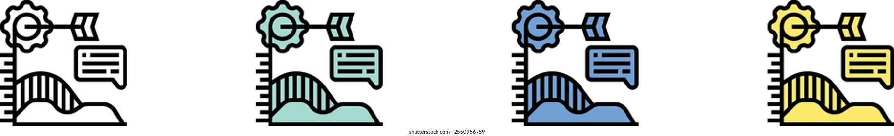 icono de análisis. Esquema, diseño de estilo verde, azul y amarillo aislado sobre fondo blanco