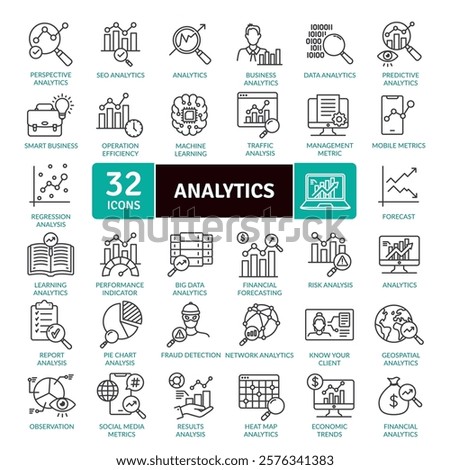Analytics Icon pack. The act of studying or examining something in detail, in order to discover or understand more about it.