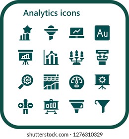  analytics icon set. 16 filled analytics icons. Simple modern icons about  - Stats, Funnel, Analytics, Audition, Presentation, Candlestick, Seo, Dashboard