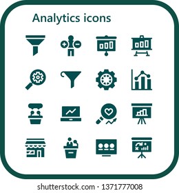 analytics icon set. 16 filled analytics icons.  Simple modern icons about  - Funnel, Analytics, Presentation, Seo, Data, Analysis, Market, Dashboard