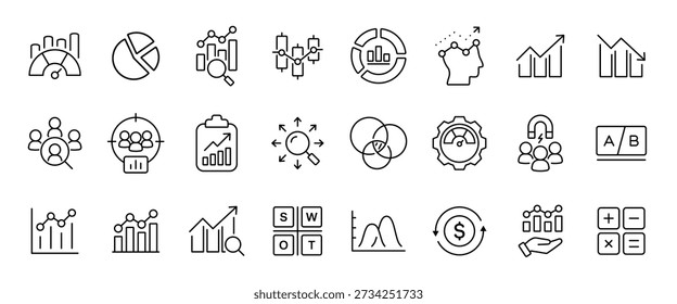 Analytics icon set with 25 outline icons. Data analysis, metrics, KPI, ROI, segmentation, A B testing, charts, reports and performance line icons for marketing analytics, dashboards, web and apps.