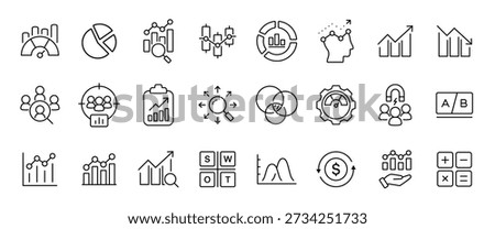 Analytics icon set with 25 outline icons. Data analysis, metrics, KPI, ROI, segmentation, A B testing, charts, reports and performance line icons for marketing analytics, dashboards, web and apps.
