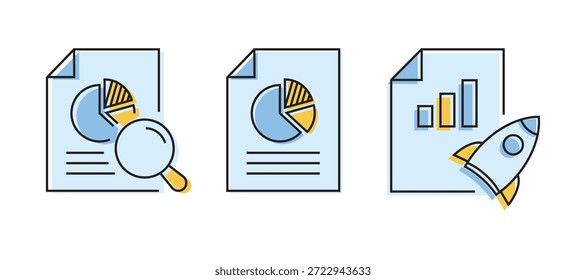 Conjunto de iconos de análisis con rellenos de color y contornos negros, con gráficos, gráficos y símbolos de análisis de datos para la inteligencia empresarial y los informes.