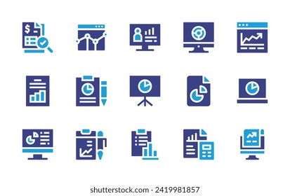 Conjunto de iconos de análisis. Color de duotona. Ilustración vectorial. Conteniendo predictivo, búsqueda, energía, estadísticas, análisis web, análisis.